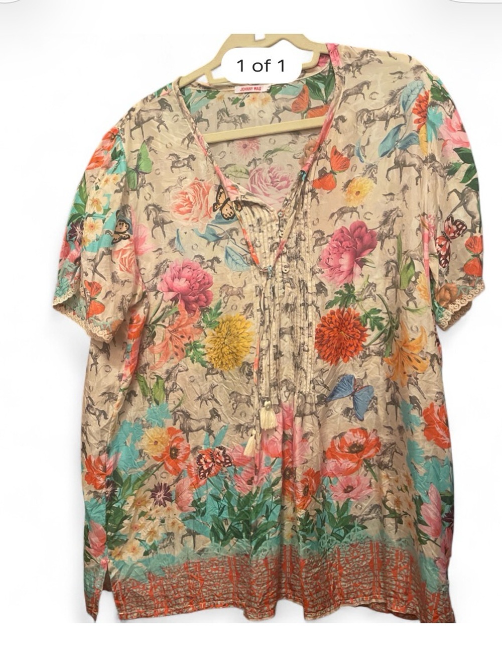 Johnny Was Floral Lace-Up Tunic - Beige with Pink, Orange, Yellow, Teal, Green